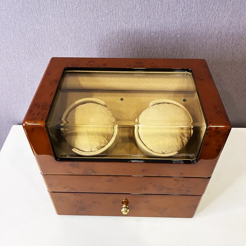 2 Slots Brown Watch Winder High Quality Square for Automatic Watches